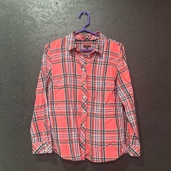 TALBOTS Women’s Pink Plaid Long Sleeve Button Up Shirt Petite Medium - Picture 1 of 5
